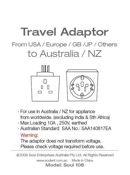 Travel Adaptor- From USA/ Europe/ GB/ JP/ Others to Australia