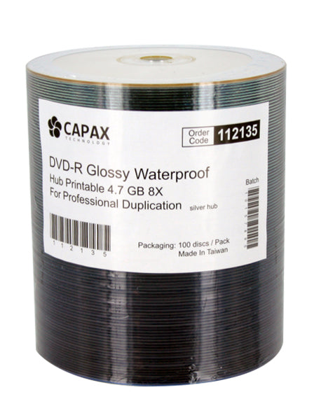 Capax Glossy Watershield Full White Inkjet Printable DVD-R Pack of 100. sku:112139