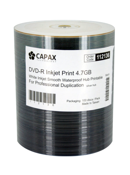 Capax Smooth Full White Inkjet Printable DVD-R Pack of 100. SKU:112136