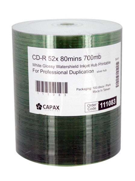 Capax Glossy Watershield  Full White Inkjet Printable CDR Pack of 100