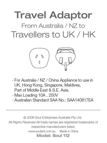 Travel Adaptor- From Australia/ NZ to Traveller to UK/ HK