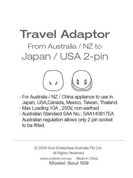 Travel Adaptor- From Australia/ NZ to Japan/ USA 2-Pin