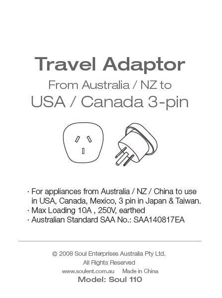 Travel Adaptor- From Australia to USA/ Canada 3 Pin