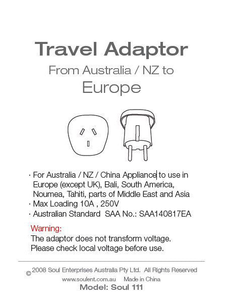 Travel Adaptor- From Australia/ NZ to Europe